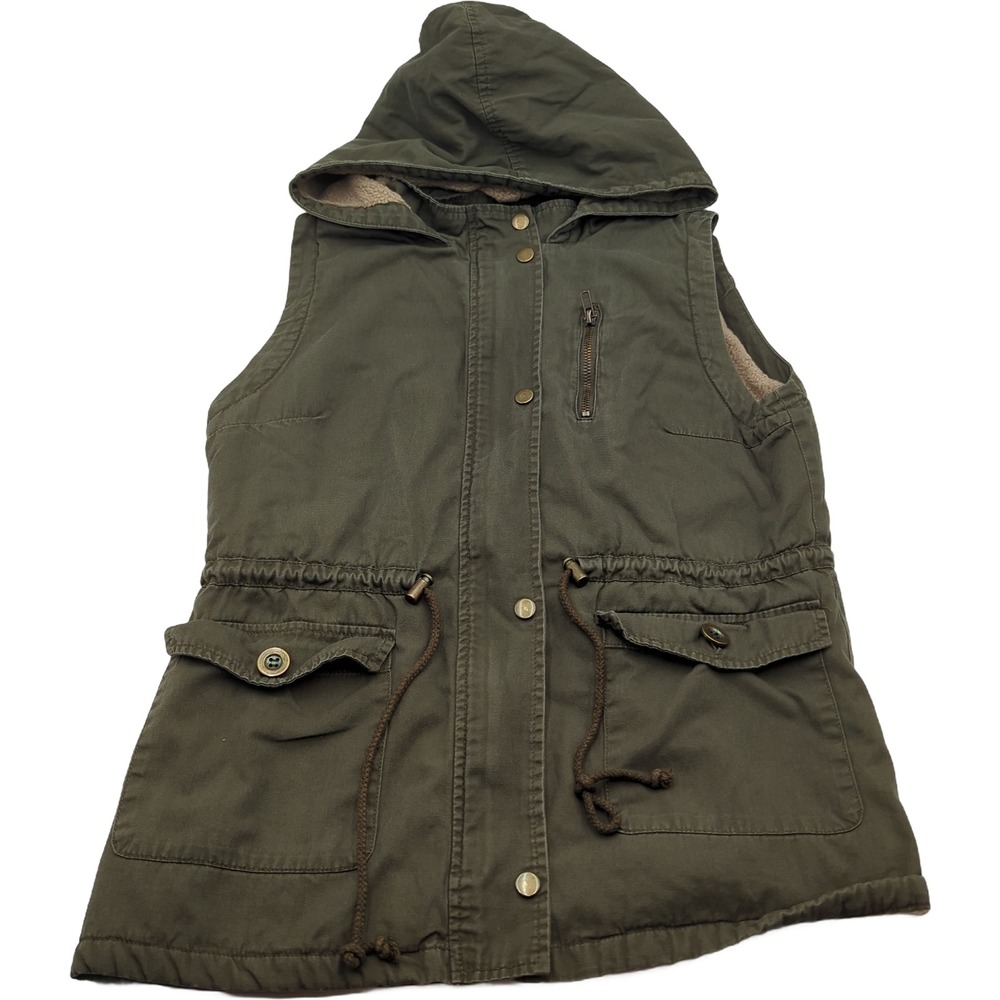 Rosette USA Womens Utility Vest Olive Green Sherpa Lined Hooded Cotton Size M